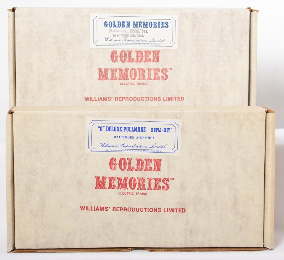 Williams B&O and NYC Pullman car kits: Williams modern O gauge Golden Memories Pullman passenger car kits in OBs. Includes Baltimore and Ohio kit and New York Central kit. Both kits include three cars and are C9-10.