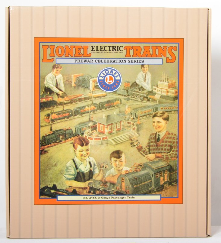 Lionel Prewar 51010 246E train set: Lionel modern Prewar Tinplate Prewar Celebration 51010 246E train set in OB. Set is factory sealed in the master carton. Set is open but appears C9-10.