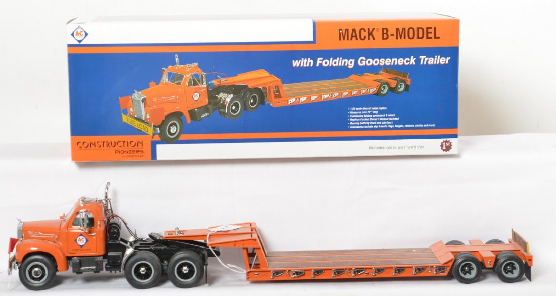 First Gear Construction Pioneers 49-0103 A-C Mack: First Gear Construction Pioneers 49-0103 1:25 scale diecast Allis Chalmers Mack B-Model with Folding Gooseneck Trailer in original box, displayed C9-10. Box shows little wear.