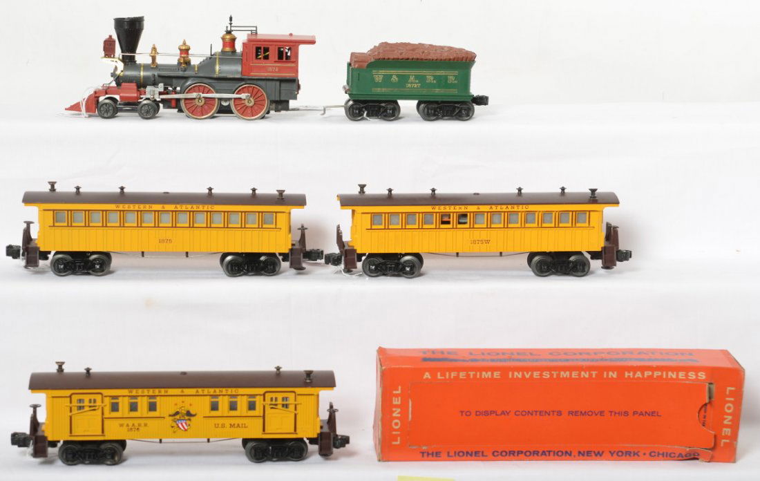 Lionel 1872, 1872T, 1875, 1875W, and 1876 The General: Postwar Lionel O gauge 1872 Western and Atlantic The General steam locomotive with 1872T tender, 1875 WARR passenger coach, 1875W WARR passenger coach with whistle (missing a brake wheel), and 1876 W&