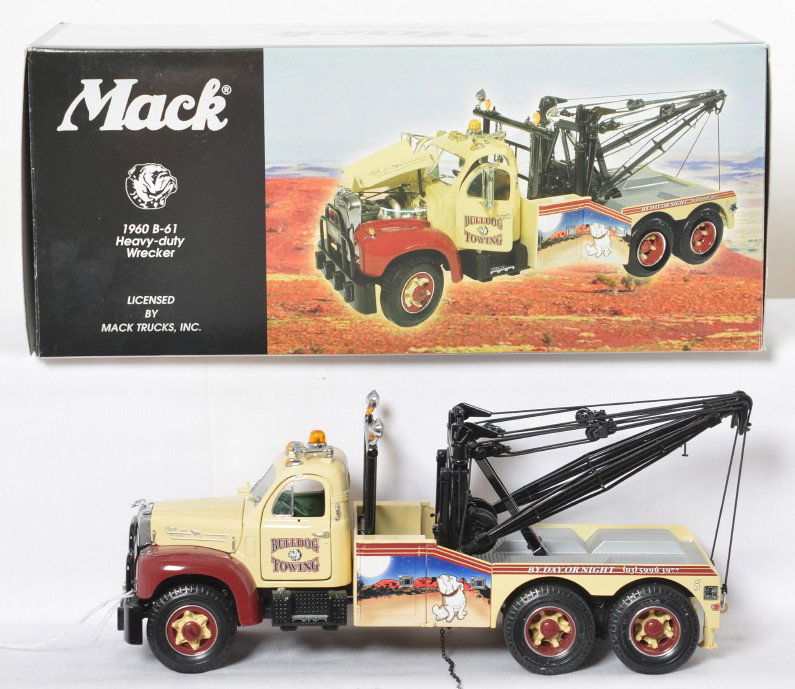 First Gear 49-0041 1960 B-61 Bull Dog Tow Truck in OB: First Gear 1:25th scale diecast 49-0041 1960 B-61 Heavy-duty Wrecker, Bull Dog Towing, in original box, displayed C9-10.