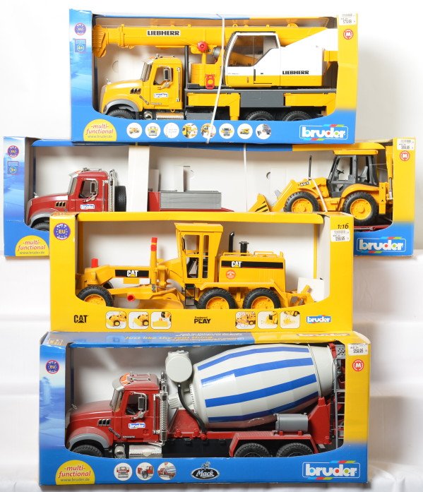 Four Bruder 1:16 construction toys NIB: Bruder 1:16 scale construction toys in original packaging. Packaging shows light wear, toys have light storage dust, C8-10. 02437 Caterpillar Grader, 02813 Mack truck and JCB 4CX, 02814 Mack truck, 02