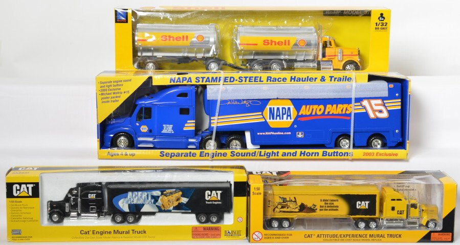 First Gear, New Ray, Norscot semi tractor/trailers in: First Gear 79-0170 Michael Waltrip #15 NAPA NASCAR. New Ray 14313 1:32nd die-cast Shell Peterbilt Model 379. Norscot 55166 1:50th diecast Cat Engine Mural Truck and 55169 CAT Attitude/Experience Mural