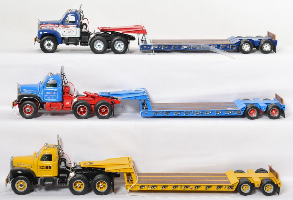 Three First Gear 1:25 scale semis w/Tri-axle: Three First Gear 1:25th scale diecast semi-tractors with Tri-axle Gooseneck folding trailers. Some missing/loose minor trim and parts, otherwise C7-8. One is Case, one is Mobile Excavating, and third 