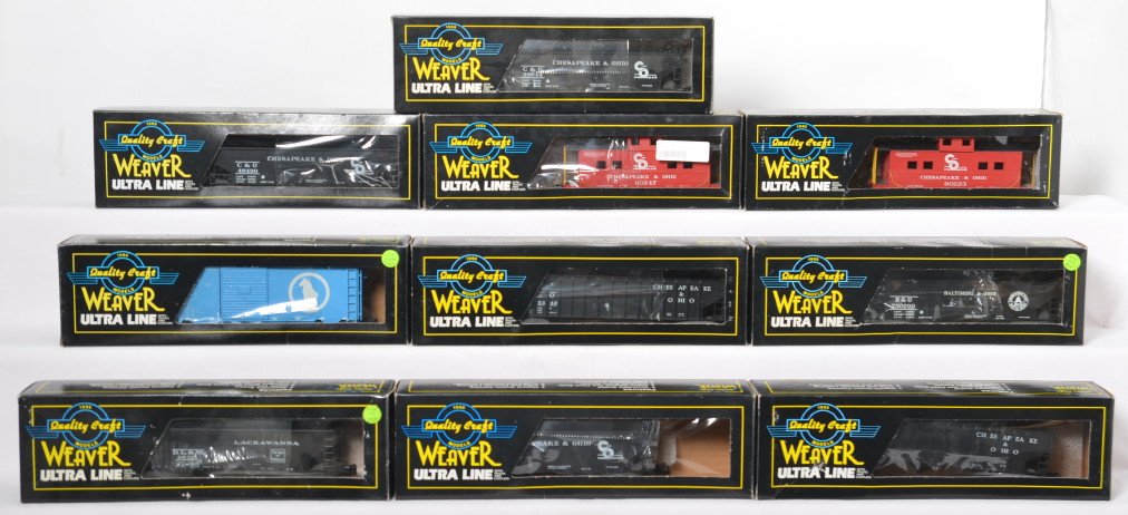 10 Weaver freight cars C&O B&O, etc: Weaver modern O gauge freight cars in OBs. Ten cars include Great Northern boxcar, two U2916 Chesapeake and Ohio cabooses, five Chesapeake and Ohio coal hoppers, Lackawanna coal hopper, and Baltimore 