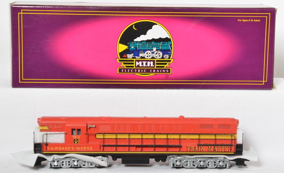 MTH Fairbanks Morse demo Trainmaster with Proto: MTH modern O gauge 20-2183-1 FM Trainmaster diesel locomotive in OB. Loco is a demonstrator model and features Protosound, Protosmoke, Protocouplers, and more. Loco is C7-8 with moderate run time.
