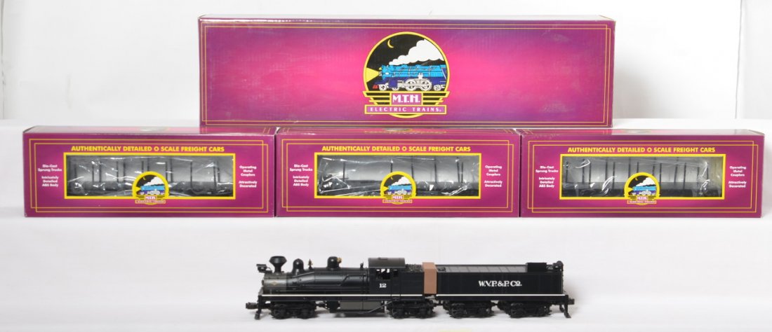MTH West Virginian Pulp and Paper Shay and cars: MTH modern O gauge West Virginian Pulp and Paper Shay and log cars in OBs. Shay steam locomotive is catalog number 20-3023-1. Loco features Protosound, Protosmoke, Protocoupler, and more. Loco C7-8 wi