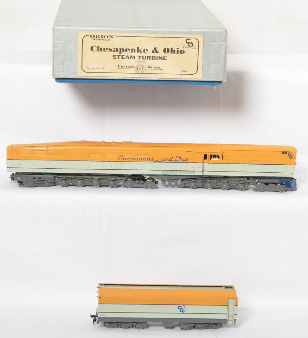 Chesapeake and Ohio brass HO steam turbine: N.J. International modern HO brass Chesapeake and Ohio M-1 steam turbine in OB. Loco is C7 area with some light dirt on roof and chipping on one H on the side of the loco. OB has some light wear.