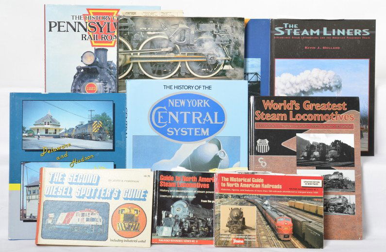 10 Railroad books NYC, PRR, C&EI, etc: Ten railroad books. Subject matter includes Pennsylvania, New York Central, C&EI, streamlined locos, three Kalmbach guides and more. See photos for best description.