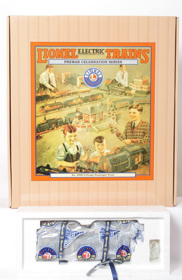 Lionel Prewar 51010 246E train set: Lionel modern Prewar Tinplate Prewar Celebration 51010 246E train set in OB. Trains are factory wrapped in the inner cartons C9-10.
