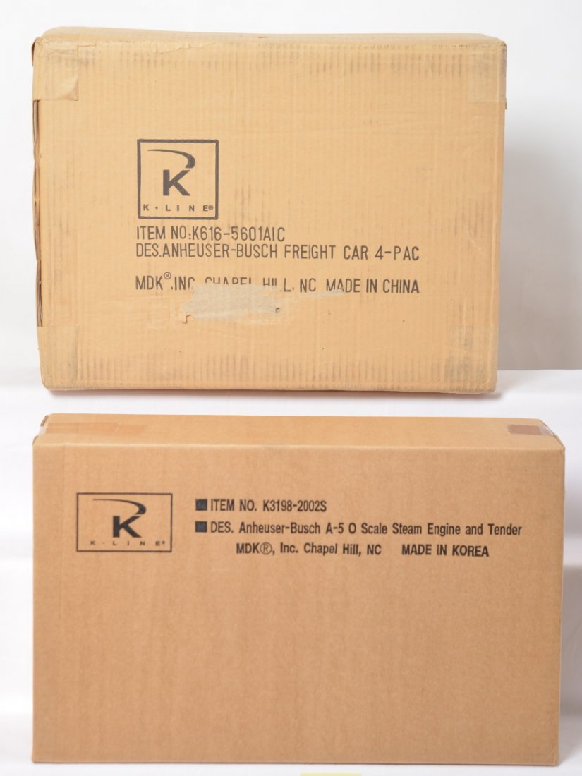 K Line Anheuser-Busch A5 switcher and freight cars: K Line modern O gauge Anheuser Busch locomotive and cars in OBs. Includes K3198-2002S A-5 locomotive and tender and K616-5601AIC freight car four pack. Trains are factory sealed in the master carton C