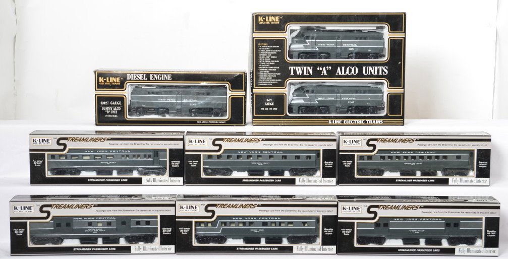K Line New York Central Alcos and passenger cars: K Line modern O gauge New York Central Alco A-B-A and six passenger cars. Passenger cars include 9152, 10641, 10633, 5018, 0406, and 1055. Alco numbers are 21142 and 21141. Trains are C8-9. OBs have s