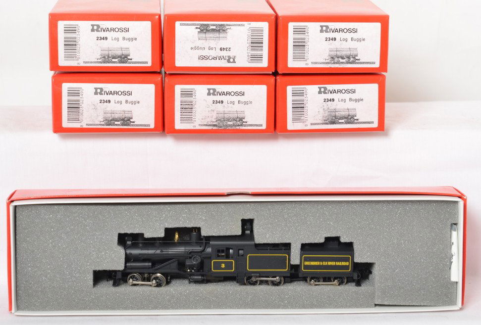 Rivarossi Heisler and log cars: Rivarossi modern HO 1532 Greenbriar and Elk Heisler steam locomotive in OB. Alco included is six 2349 skeleton log cars. Trains are C9-10.