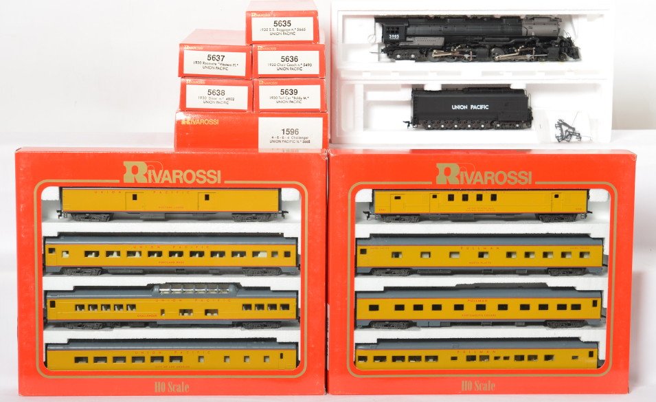 Rivarossi UP Challenger and 13 passenger cars: Rivarossi modern HO Union Pacific set in OBs. Includes 1596 4-6-6-4 Challenger steam locomotive, 6962 four car passenger set, 6963 four car passenger set, 5639 observation, 5638 Diner, 5637 Roomette, 