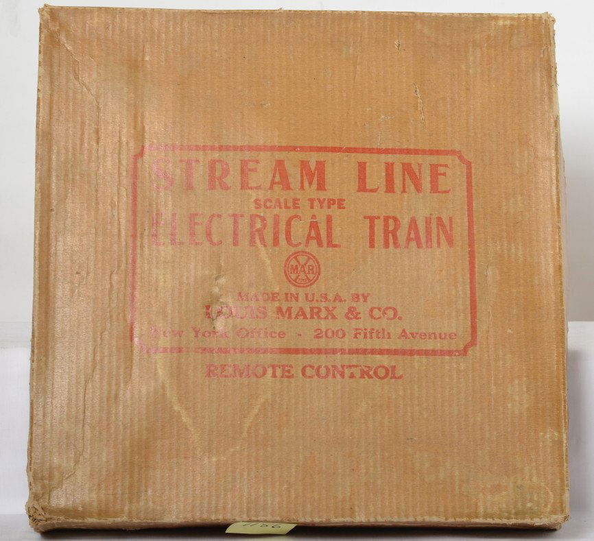 Marx 35250 Stream Line NYC steam passenger set in OB: Postwar Marx O gauge 35250 Stream Line Scale Type Electrical Train set in original box, NYC diecast steam loco and tender with three passenger cars, track, transformer, etc. C7-8. Box is square and so