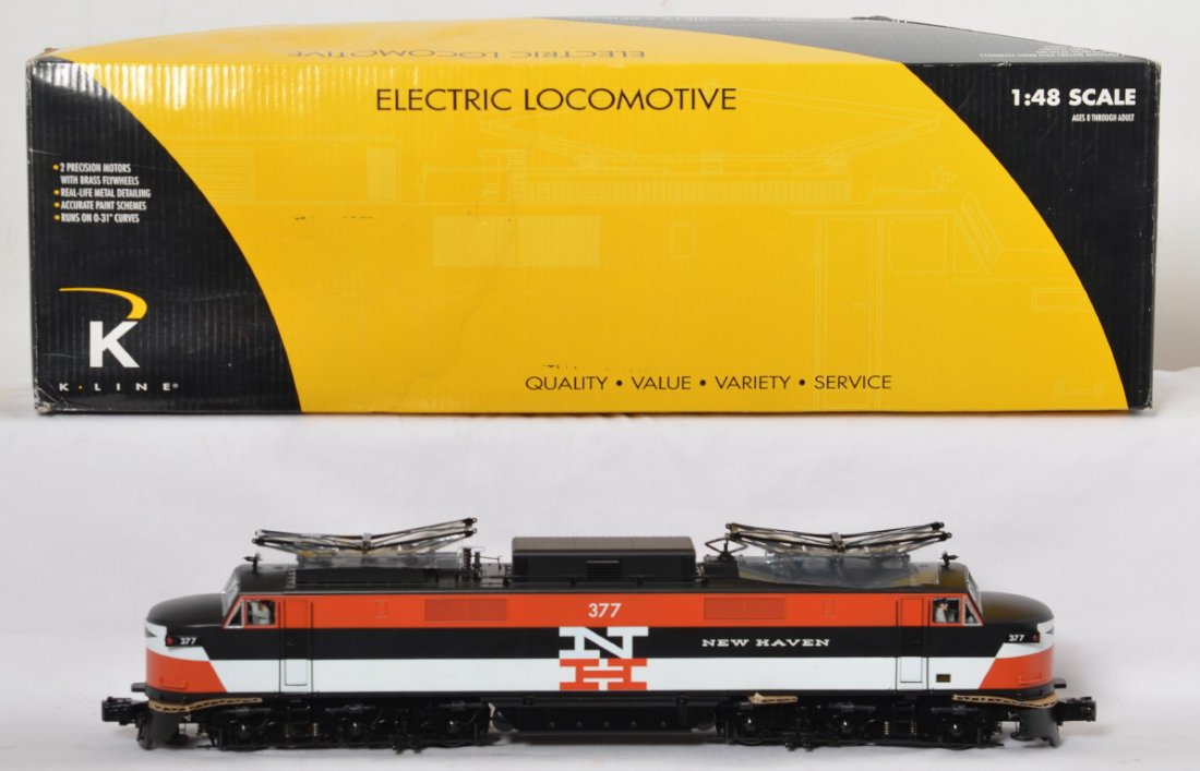 K Line New Haven EP-5 locomotive: K Line modern O gauge K2749-0377HC New Haven EP-5 electric locomotive in OB. Loco features sound and cruise control. C8 with run time. OB has some light wear.