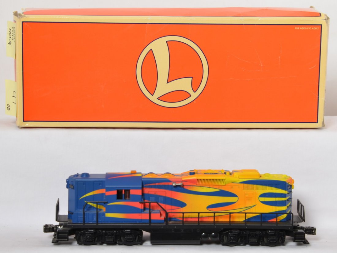 Lionel 18575 Custom GP-9: Lionel modern O gauge 18575 Hot Rod GP-9 custom locomotive in OB. Loco features TMCC, Railsounds, Electrocouplers, and much more. Loco is C8 with run time. OB is missing inner carton and outer box is 
