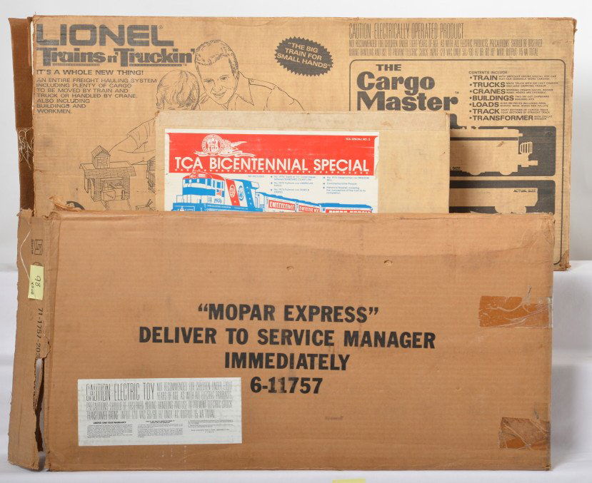 3 Lionel sets TCA 1776 special, 11757 Mopar, 1796 Cargo: Lionel modern O gauge train sets in OBs. Three sets include TCA Bicentennial special set, 11757 Mopar express set, and partial 1796 Cargo master set. Sets are C7 to C8. OBs have various degrees of wea