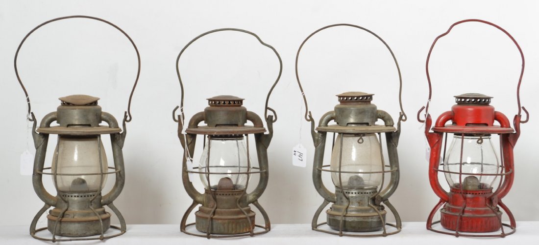 4 DIetz Vesta lanterns NYC, Wabash, Lehigh Valley, etc: Four Dietz Vesta lanterns. Includes clear globe with top stamped Boston & Maine, one New York Central with repainted red body, top stamped with NYCS and globe is embossed with NYC Lines. Lehigh Valley
