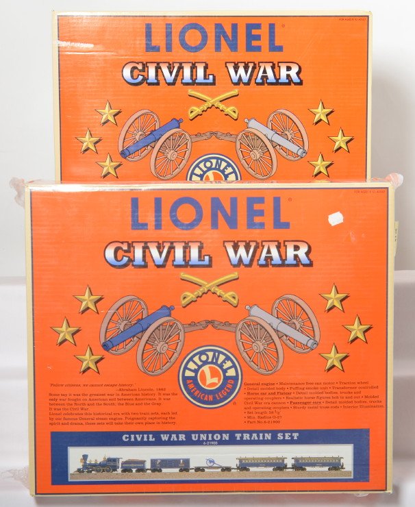 Lionel Civil War Union and Confederate sets: Lionel modern O gauge Civil War 21900 and 21901 Union and Confederate train sets in OBs. Both sets are new C9-10. Union set is plastic, Confederate set is open but unrun. Confederate OB has some light