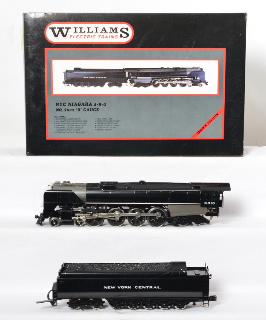 Williams brass NYC Niagara steam locomotive: Williams modern O gauge 5602 New York Central Niagara steam locomotive in OB. Loco features brass construction, smoke, constant voltage lighting and more. Loco is C9 area with very little run time, ap