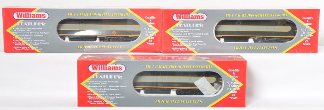 Williams Erie Alco PA A-B-A with True Blast: Williams modern O gauge Erie Alco PA A-B-A diesel locomotive set in OBs. Catalog number W-PA 309. Locomotive features True Blast II horn and bell. Locos are factory sealed in plastic C10.
