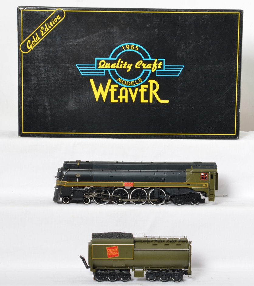 Weaver Canadian National U4-A steam locomotive: Weaver modern O gauge brass Canadian National G1712LP U4-A steam locomotive in OB. Loco features TMCC, Railsounds, Electrocoupler, smoke unit and much more. Loco is C8 with some run time. A light smel