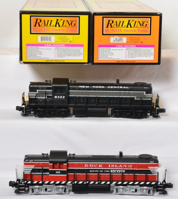 Railking NYC and Rock Island RS-3 diesel locomotives: MTH Railking modern O gauge RS-3 diesel locomotives in OBs. Includes 30-2209-0 New York Central and 30-2202-0. Both locos feature Locosounds, can motors, and more. Locos are C8 with run time. OBs have