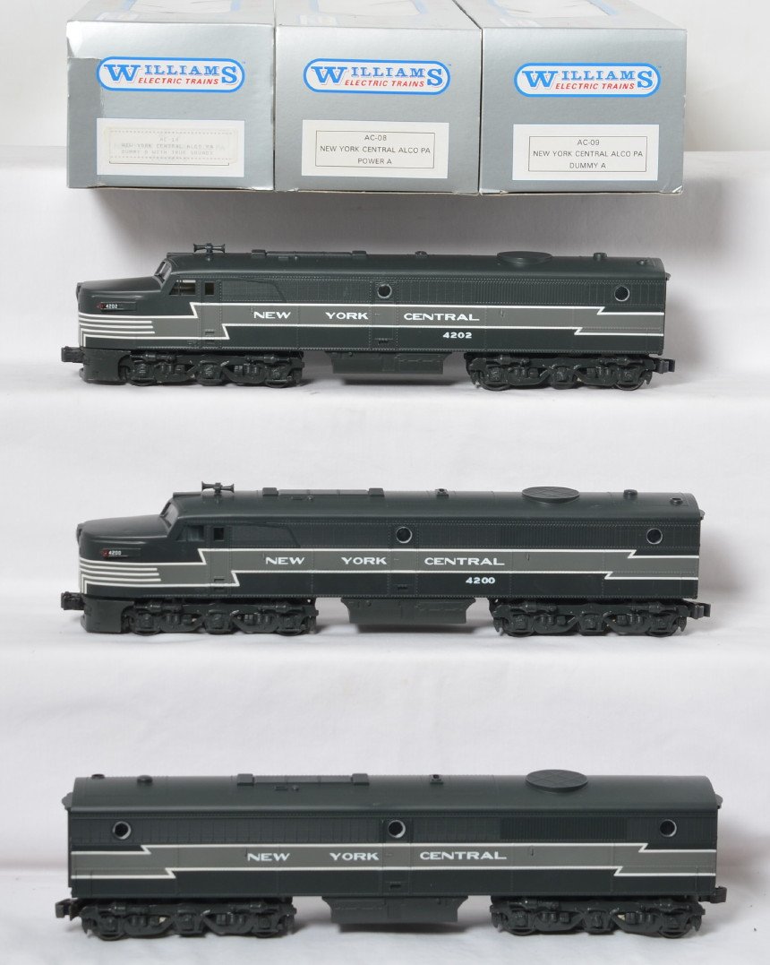 Williams New York Central Alco PA A-B-A: Williams modern O gauge New York Central Alco PA A-B-A set in OBs. Catalog numbers AC-08, AC-09, and AC-14. Dummy B unit features True Sounds. Locos are C8 with run time.