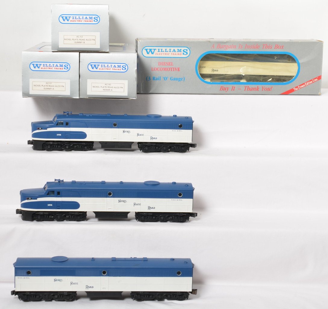 Williams NKP Alco PA A-B-B-A: Williams modern O gauge W-PA 313 Nickel Plate Road Alco PA ABA diesel units with True Blast II in individual OBs and outer shipping carton. Also included is a AC-52 Nickel Plate Road Alco Pa Dummy B u