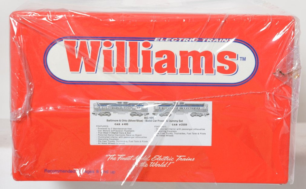 Williams B&O Budd car two car set: Williams modern O gauge BC-100 Baltimore and Ohio Budd car two car set in OB. Powered locomotive features True Blast II horn and bell. Locos are open but factory wrapped C10.