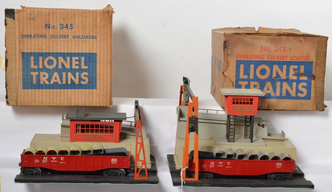 Boxed Lionel 342X culvert loader, and 345 culvert: Postwar Lionel O gauge 342X operating culvert loader with 6342 NYC culvert car, and seven culverts. 345 operating culvert unloader with 6342 NYC culvert car, connecting ramp, seven culverts. Bases hav