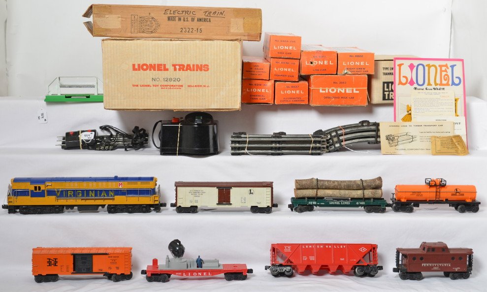Boxed Lionel No. 12820 Virginian FM freight set: Postwar Lionel O gauge No. 12820 Virginian FM diesel freight set in original boxes consisting of the following trains: 2322 Virginian Fairbanks Morse Trainmaster diesel locomotive, 3662 operating milk