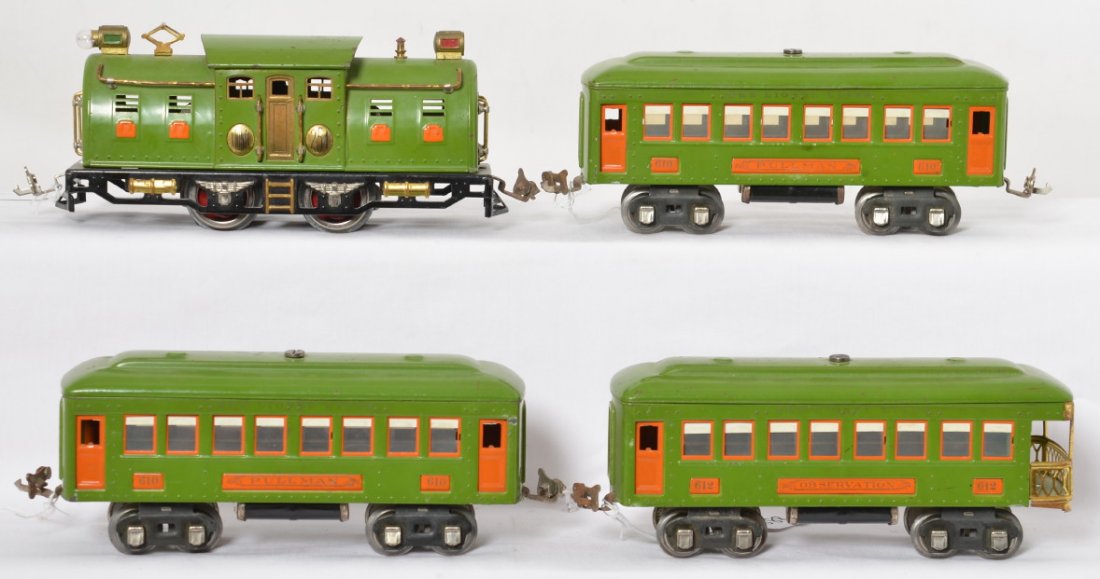 Lionel 254 electric, 610, 610, 612 passenger train: Prewar Lionel O gauge 254 center cab electric locomotive with orange ventilators, two 610 Pullman passenger coaches, and 612 observation, nice C6+ trains.