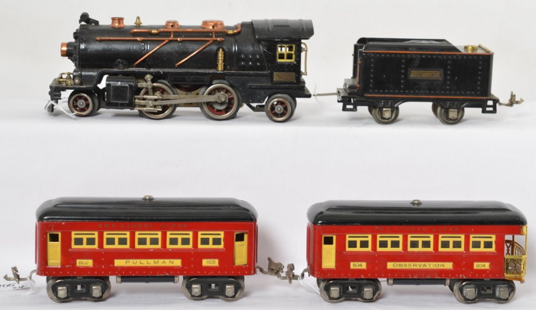 Lionel 261 steam loco & tender with 603 Pullman, 604: Prewar Lionel O gauge 261 steam locomotive with 257T tender, 603 Pullman, and 604 observation, trains look nice C6+ area.