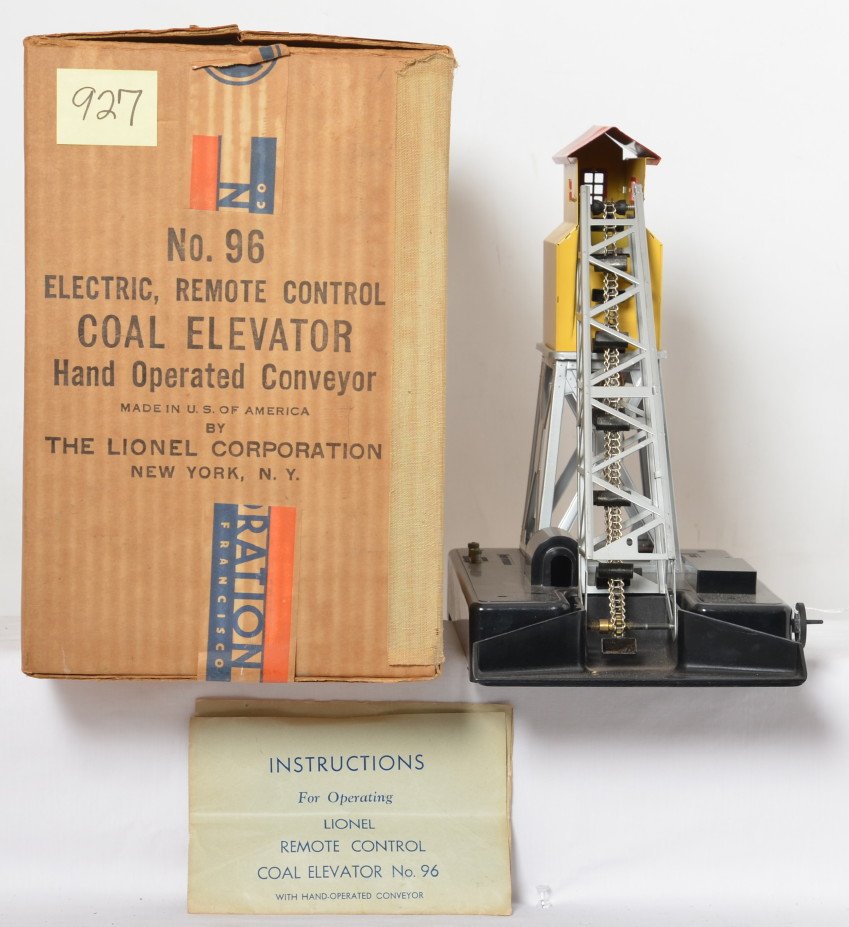 Lionel No. 96 electric, remote control coal elevator in: Prewar Lionel O gauge No. 96 electric, remote control coal elevator hand operated conveyor, in original box with instructions sheet, rubs to roof, otherwise C8-9. Box has some skinning to top flaps, o