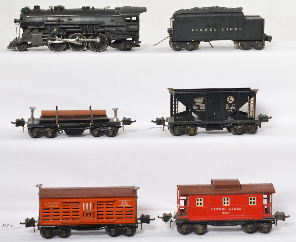 Lionel prewar set 225, 2235W, 3651, 2653, 2656, 2657: Lionel prewar O gauge set with 225 steam loco, 2235W tender, 3651 log dump car, 2653 black hopper car, 2656 stock car and 2657 caboose. Trains are C6+.