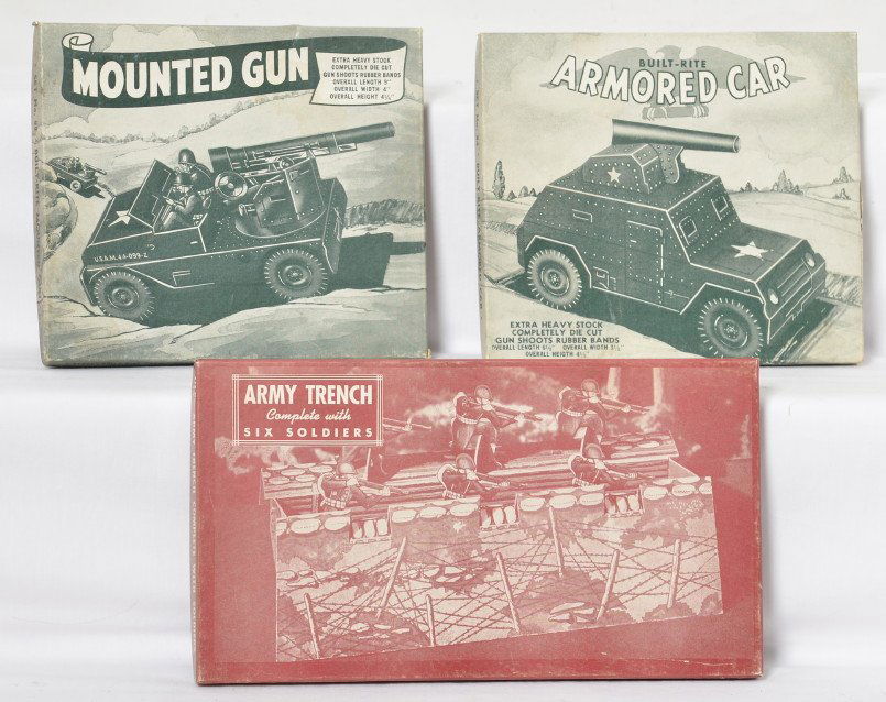 Mint Built-Rite Trench Armored Car & Mounted Gun: Mint Built Rite Army Trench, Armored Car and Mounted Gun Sets No. 14, 82 and 84. All three sets are still factory sealed with Built Rite tape on two sides. Again these have amazing graphics on the box