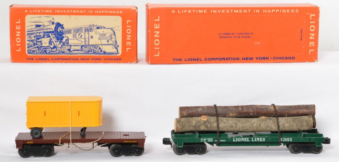 High grade 6361 log and 6415 flat with van, OB: Lionel postwar O gauge 6361 log car and 6405 flatcar with yellow trailer van. All loads are original. C8. 6361 OB is perf variation and is very high grade. 6405 OB is also very nice with all flaps int