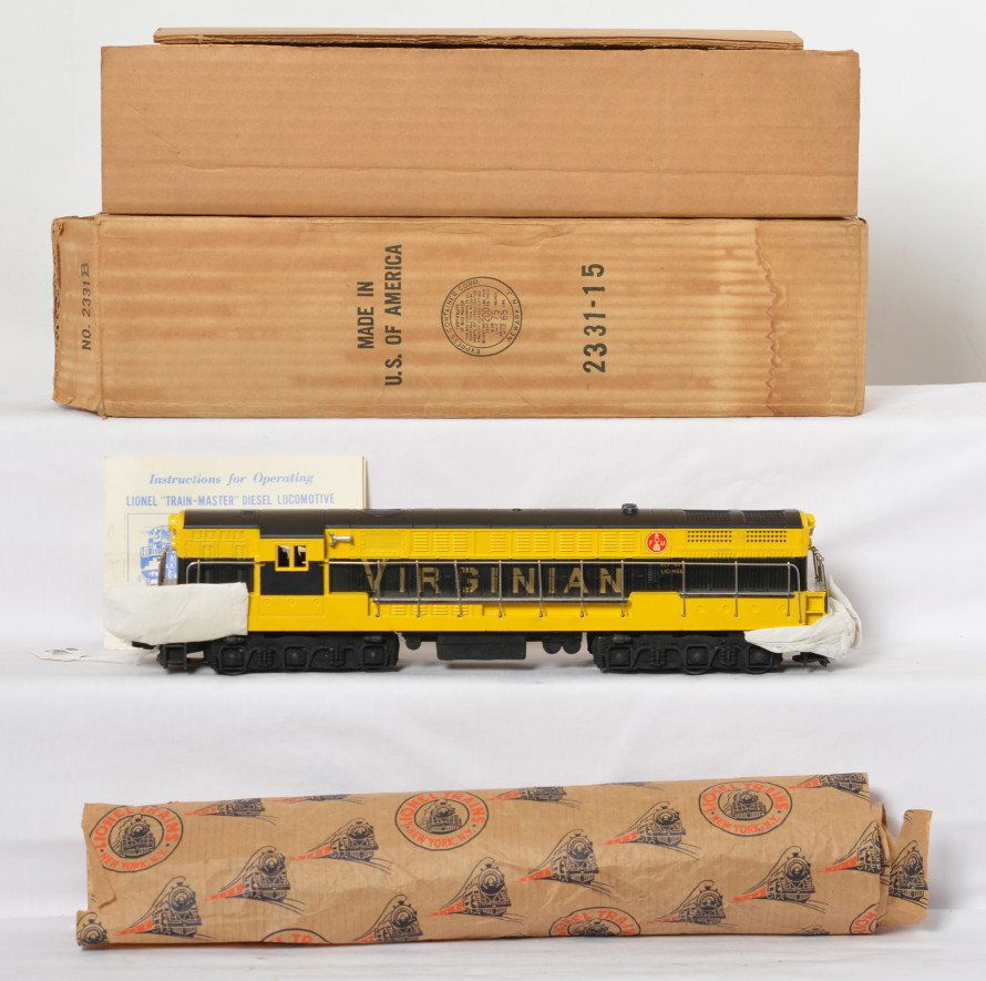 Unrun Lionel 2331 Virginian FM, OB: Unrun Lionel postwar O gauge black and gold 2331 Virginian FM, it does have the usual screw cracks so graded C8 but is still one of the nicest I have seen. OB is 2331B with all flaps, minor moisture d