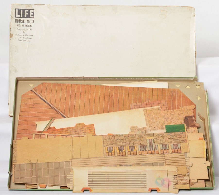 Built-Rite Harrison & Fouilhoux LIFE House Kit: Rare Built Rite LIFE House No. 8 designed by Wallace K. Harrison and J. Andre Fouilhoux. The box is in rough shape with pieces missing from sides of the lid and one corner of the base. The contents ar