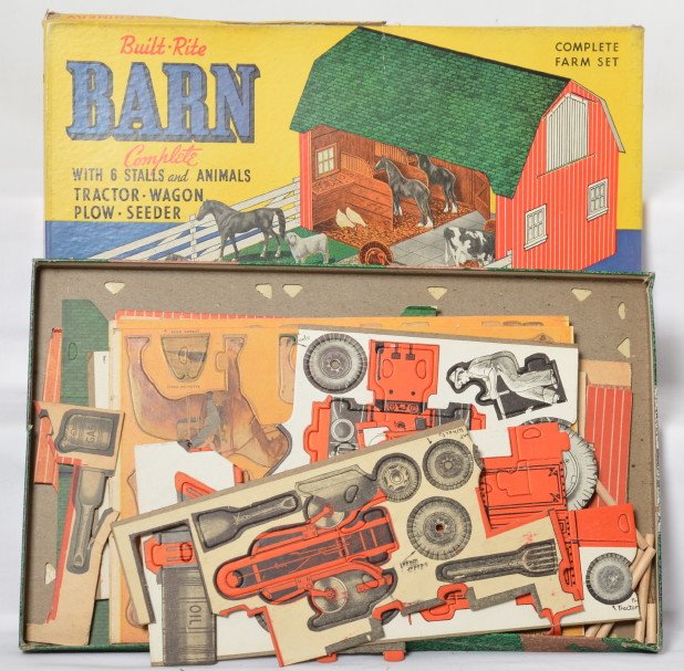 Built-Rite Barn and Animals Farm Set No. 127: Built Rite barn and Animals Set No. 127 that also includes a tractor, wagon, plow and seeder. The box is in nice shape but one long side has some damage on the lid and base that could be fixed. The co