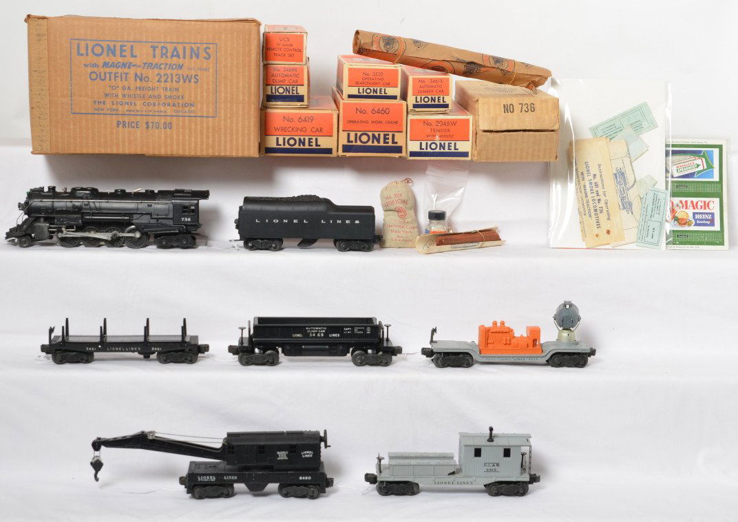 Lionel Outfit No. 2213WS O Ga. freight train in OB: Postwar Lionel O gauge Outfit No. 2213WS O Ga. freight train with whistle and smoke, in original boxes. Set consists of the following trains: 736 steam locomotive, 2046W Lionel Lines whistle tender, 3