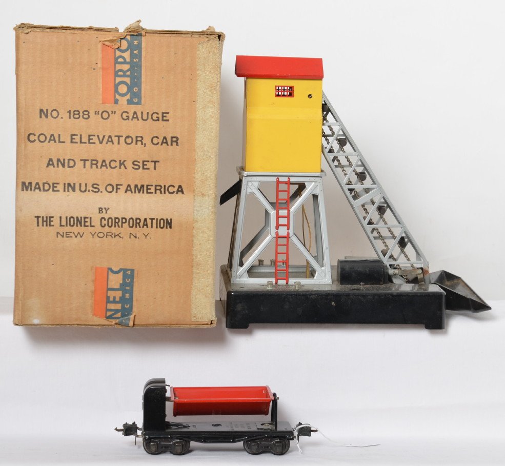 Lionel 188 O gauge coal elevator car and track set in: Prewar Lionel O gauge No. 188 O gauge coal elevator car and track set in original box with 97 coal elevator (mottled bin) and 3659 automatic dump car, should clean C6-7. Box is very square and solid w