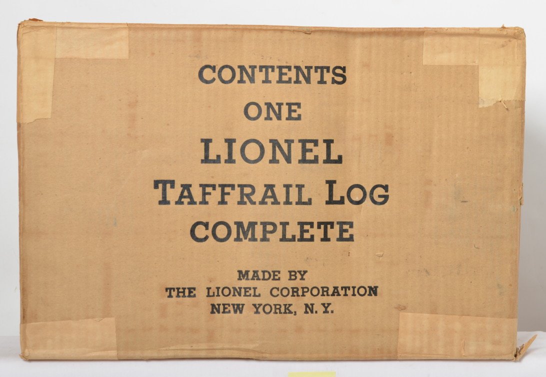 Lionel Taffrail Log Complete in factory sealed OB: Wartime Lionel Taffrail Log Complete in factory sealed original box,contents are assumed C10. Box has puncture to one side/front panel, otherwise C8.
