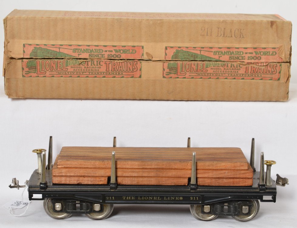Lionel prewar standard gauge 211 flat, OB nice!: Lionel prewar standard gauge 211 flatcar with original lumber, all nickel with brass brakewheels, C8 with outstanding label type OB.