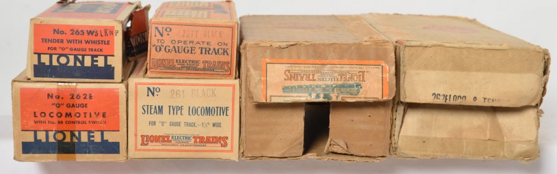 Lionel prewar master carton and boxes 261, 262E: Unusual Lionel prewar O gauge original boxes including 261 master carton, 261 loco box, 257T tender box, 262E master carton, 262E loco box and a 265W tender box. Boxes are usable but worn, missing som