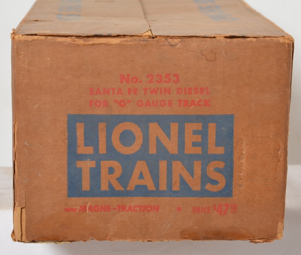 Lionel 2353 Santa Fe twin diesel for O gauge... OB: Postwar Lionel O gauge 2353 Santa Fe twin diesel for ñOî gauge track, original box. Box has repairs/restoration to bottom edges, looks C7.