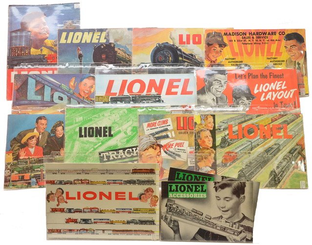 Lionel Original Consumer Catalogs 1946-1955: Lionel postwar original consumer catalogs from the following years; 1946, 1947, 1948, 1949, 1949 Layout, 1950, 1951, 1952, 1953, 1954, 1954 layout, two mini 1954 accessory catalogs and a 1955. The cat