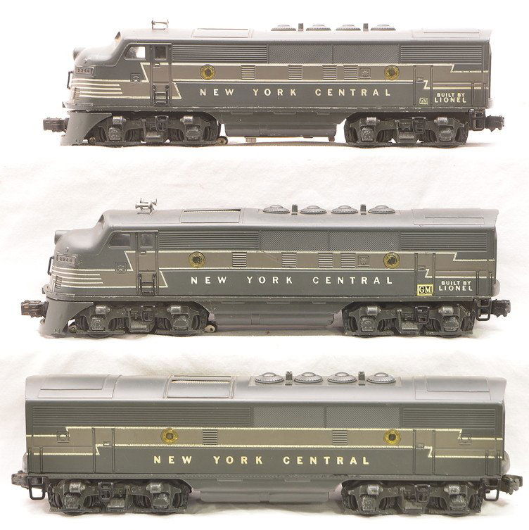 Lionel 2344/2344C NYC ABA Diesel Units: Lionel postwar 2344/2344C New York Central ABA F3 diesel units. The dummy A unit is missing one porthole cover. The power A unit has a small GM decal and the dummy A unit has a large GM decal. The pow